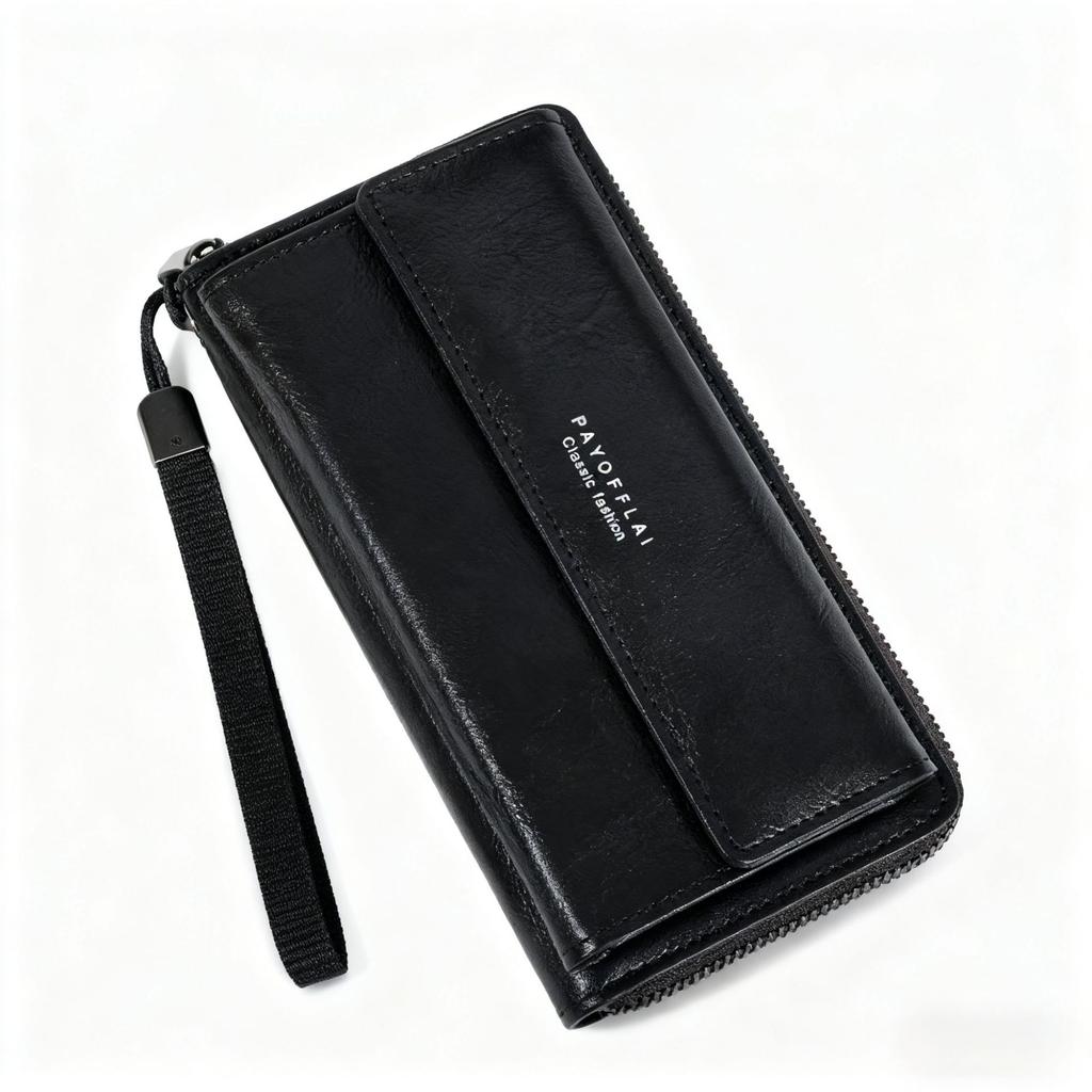 Men’s Leather Long Wallet RFID Blocking Clutch Wallet Large Capacity Zipper Bifold Purse Card Holder Coin Pocket Wrist Strap