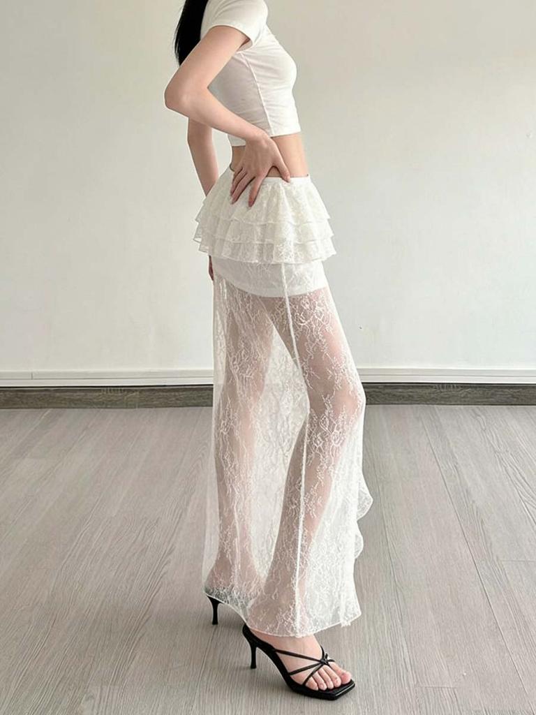 Women's Lace Mesh Skirt Y2k White Midi Skirt Elegant Bohemia Style Clothing Summer