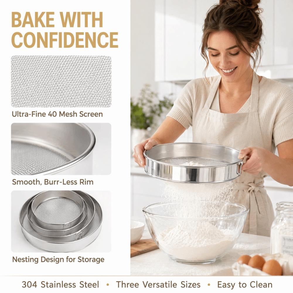 Set da 3 pezzi di setacci per farina a maglia fine in acciaio inossidabile, 40 mesh, per preparare torte e pasticcini