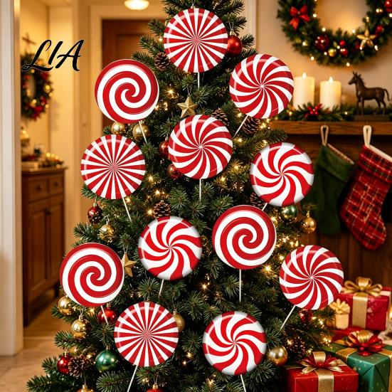Outdoor Holiday Lawn Decorations 12Pcs Christmas Candy Yard Stakes, Hollow Board Garden Decor with Metal Spikes, Tree Ground Inserts Red White