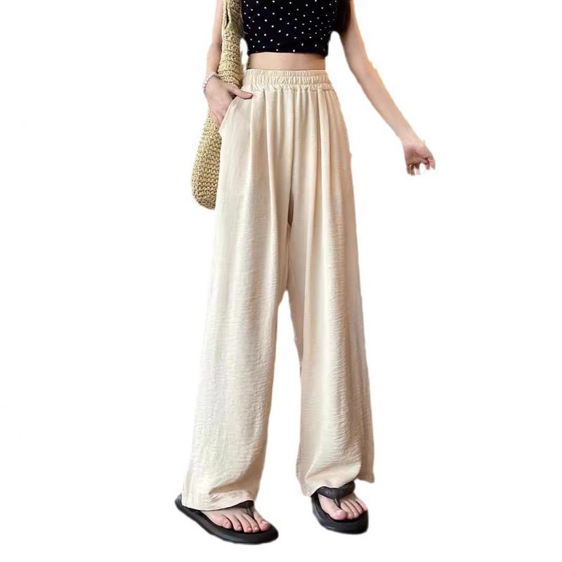 Women Ankle-Length Wide Leg Pants Casual Summer Solid Elastic Waist Loose Ice Silk Pants Spring Summer Female Trousers