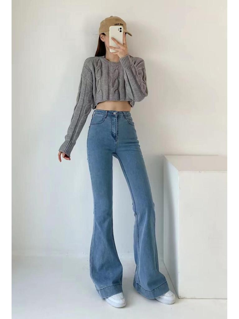 Korean Spicy Girl High Waist Flared Jeans: 2024 Spring/Autumn Elastic Slimming Skinny Trousers