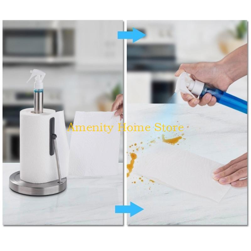 F26C Standing Paper Stand with Sprays Bottle Stainless Steel Tissue Roll Rack Metal Paper Towel Dispenser for Everyday Use