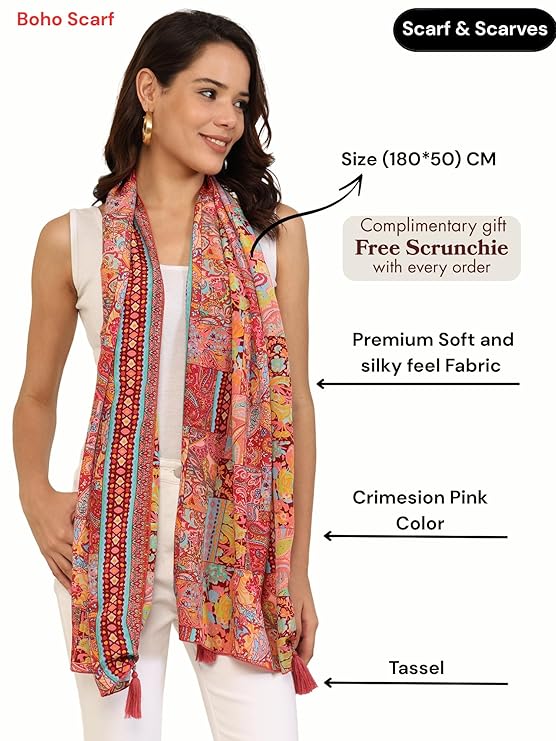 Scarf For Women Stylish Border Print Face Cover Head Wrap Boho Beach Multicolor Stall 180x50cm