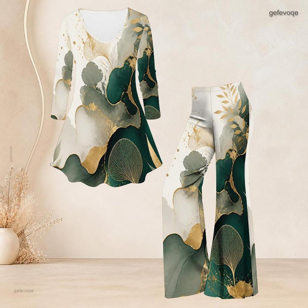 Women Plus Size V Neck Three Quarter Sleeve Marble Printed Blue Flared Top And Flared Pants Two Piece Set