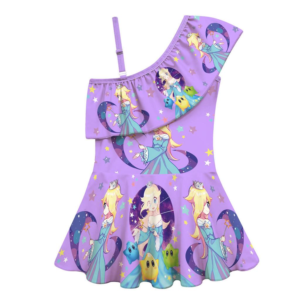 20883 Kids Girls Princess Rosalina Print One-piece Strappy Swimsuit Swimwear 100cm