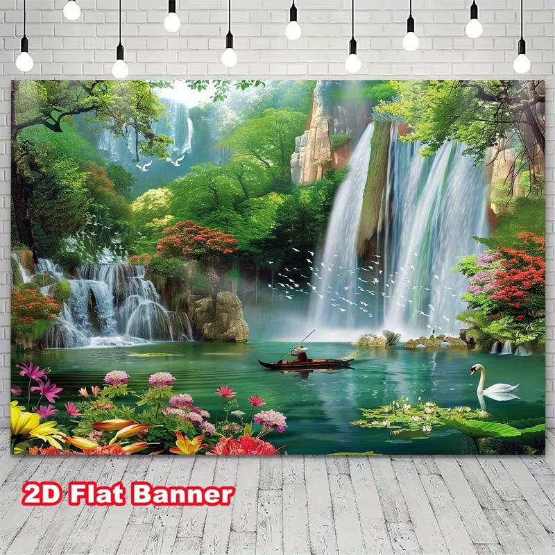 

2D Tropical Forest Waterfall Lake Tapestry with Boat, Swan, Flowers and Birds 47.2x31.5inch/120*80cm