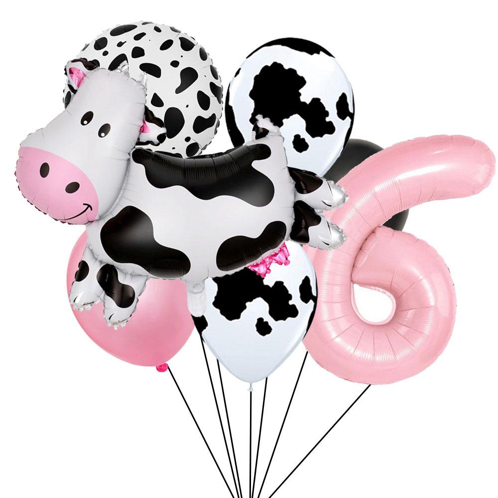 7pcs Cartoon Cow Balloon Pink Digital Balloon Set Baptismal Supplies Children's Gifts Birthday Party Decoration Photography Prop