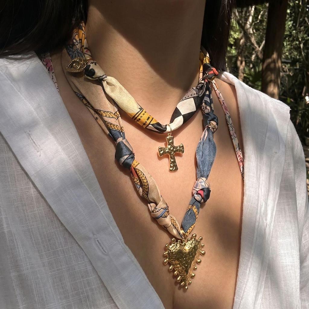 Bohemian Silk Scarf Necklace with Sun Heart Pendant Chain