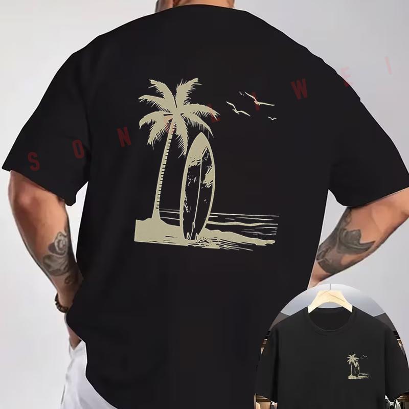Beach Graphic Print Motorcycle T-Shirt Double-Sided Print Men's Short Sleeve Round Neck Casua
