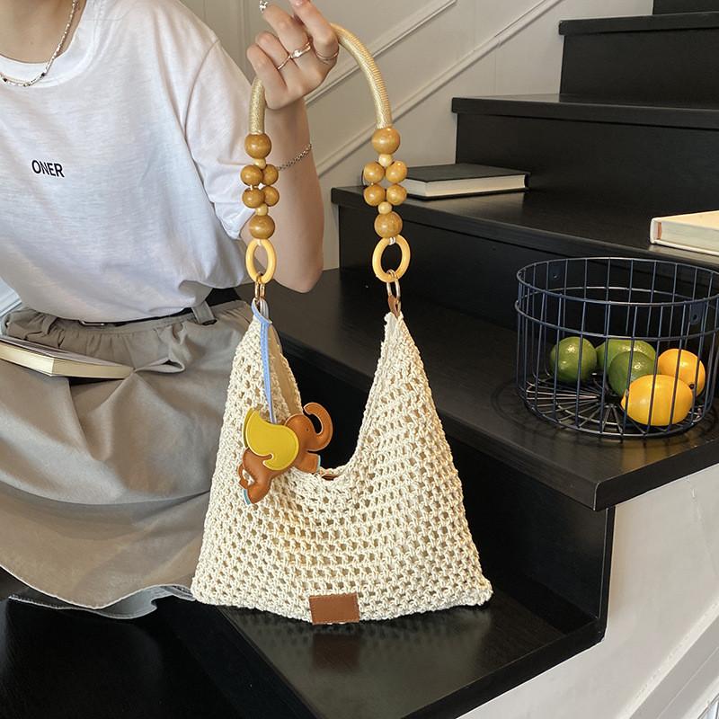 Womens Casual Hollow Woven Large Tote With Crochet Elements And Inner Pouch For Weekend Outings