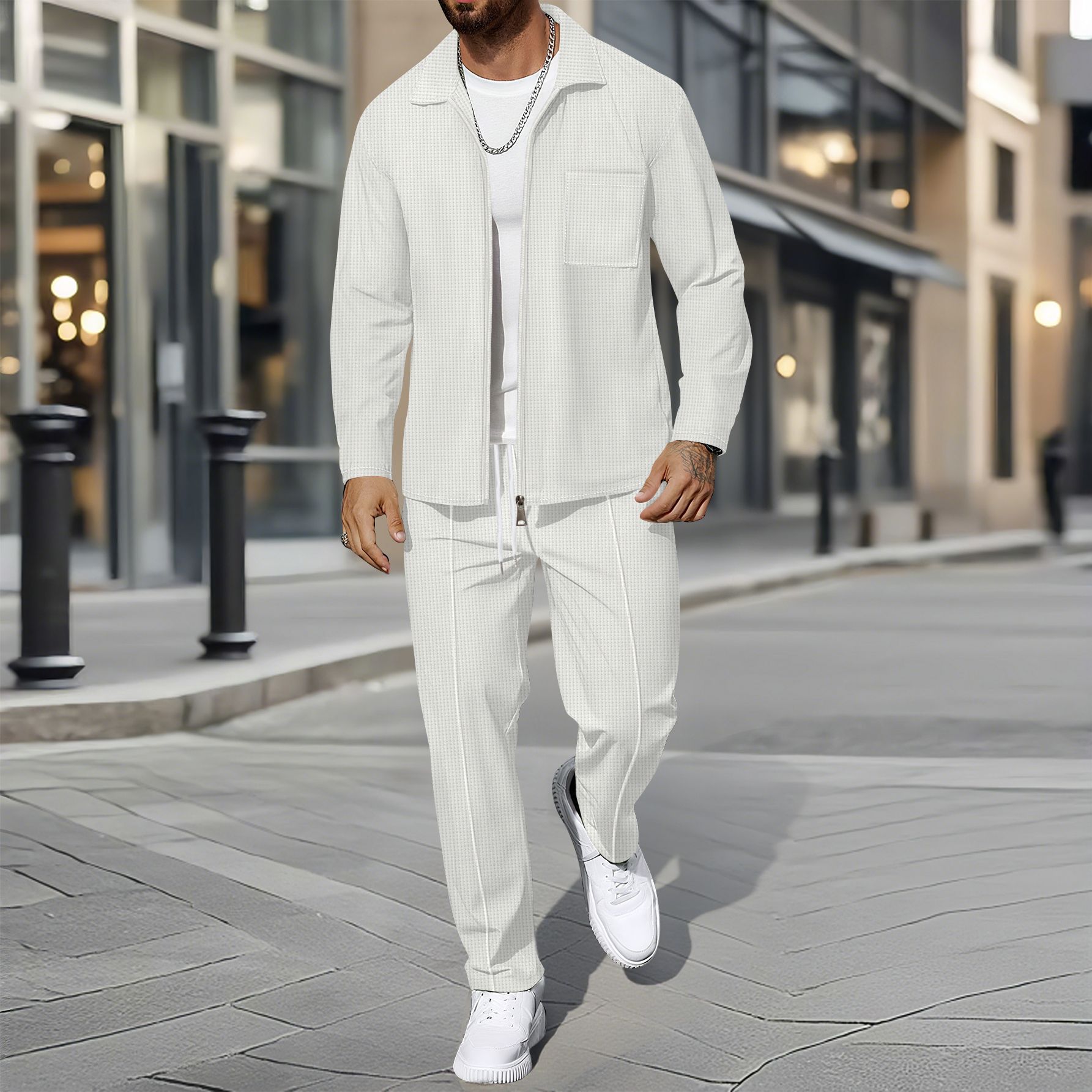 

Men Waverg Zipper Pocket Flip Collar Self-Cultivation Cardigan Jacket Set M белый