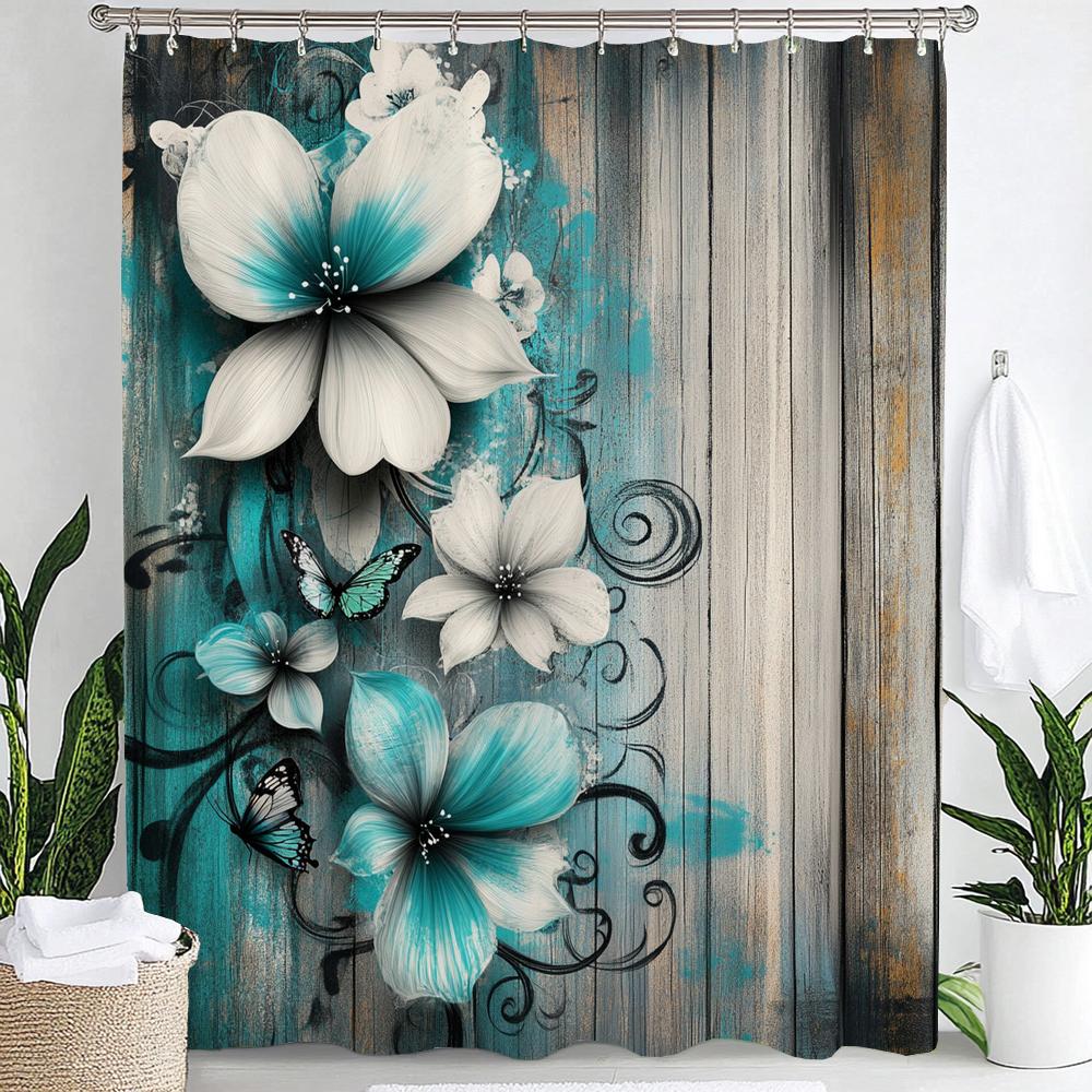 Blue Butterfly Floral Shower Curtain, Bathroom Decorative Shower Curtain, Printed Polyester Fabric Shower Curtain with Hooks