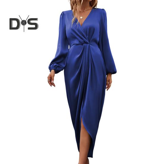 

Женское платье с неровным разрезом по низу, высокой талией, плиссировкой, длинными рукавами-фонариками, однотонное платье с V-образным вырезом, для торжественной вечеринки, банкета, макси-платье XL королевский синий