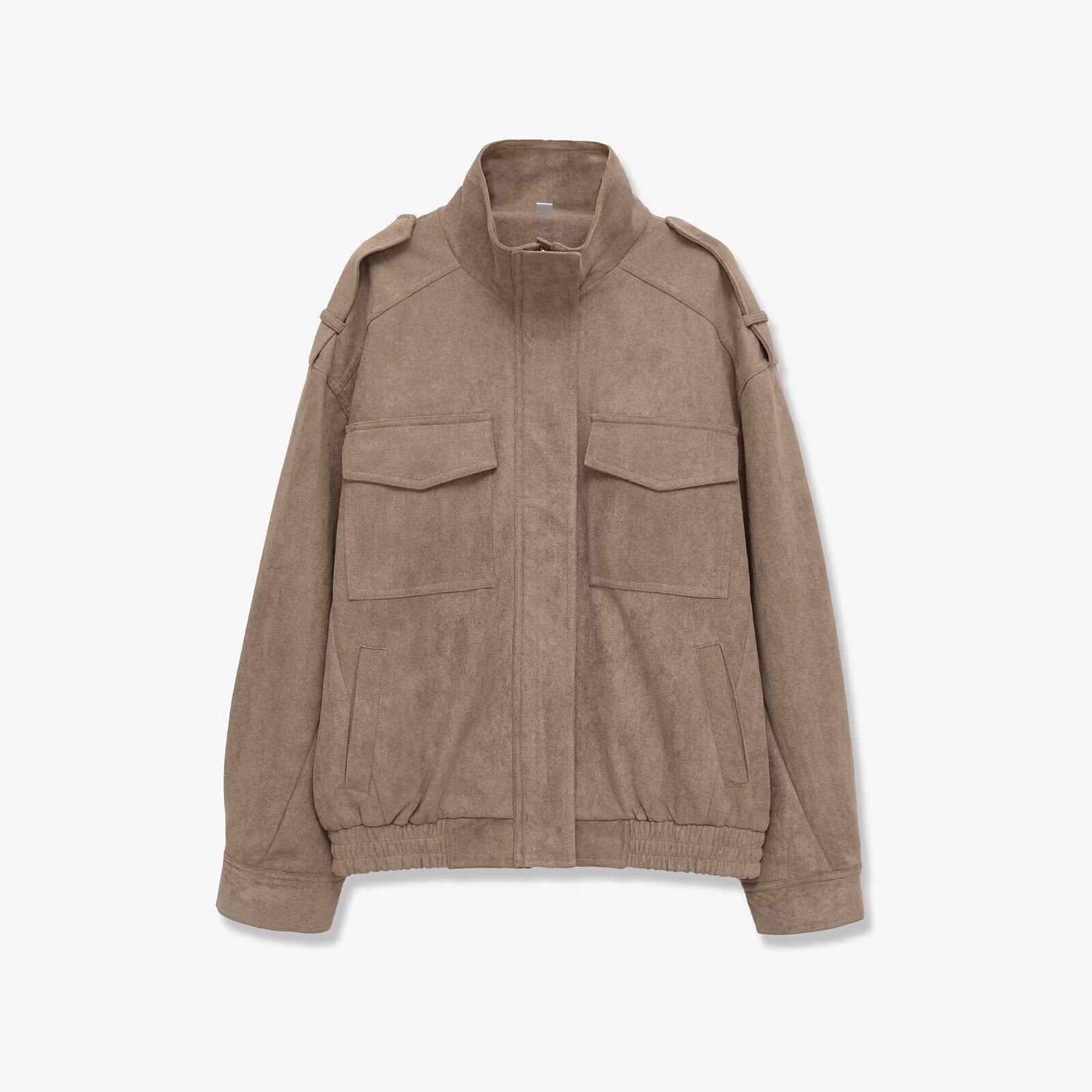 Women s clothing popular fashion casual street style stand-up collar suede texture jacket XS хаки