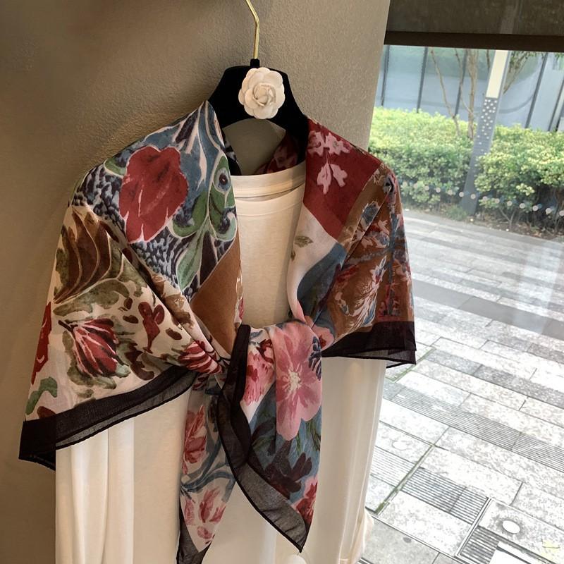 Womens Cotton Linen Scarf Square Wrap Shawl With Floral Print Lightweight Fall Winter Accessory
