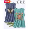 Follow a Specific Direction Two-piece Women's Sleeveless Vest with Vintage Print Summer Casual Wear Bohemian Bee Turtle Cute Essential Fashion Items