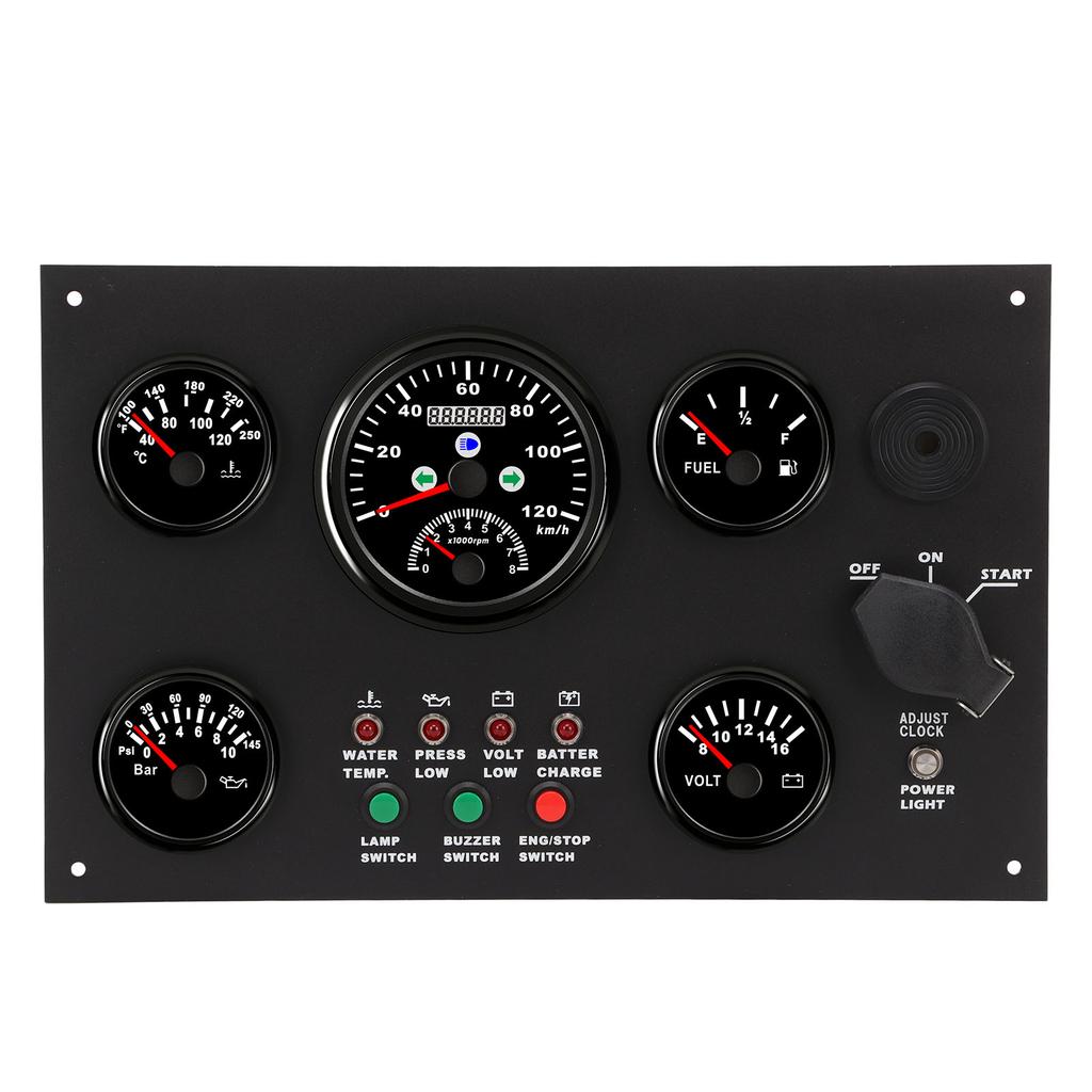 Boat Instrument Panel 120km Speed Water Oil Level Pressure Water Temperature Time Clock Display Voltage Alarm for RV