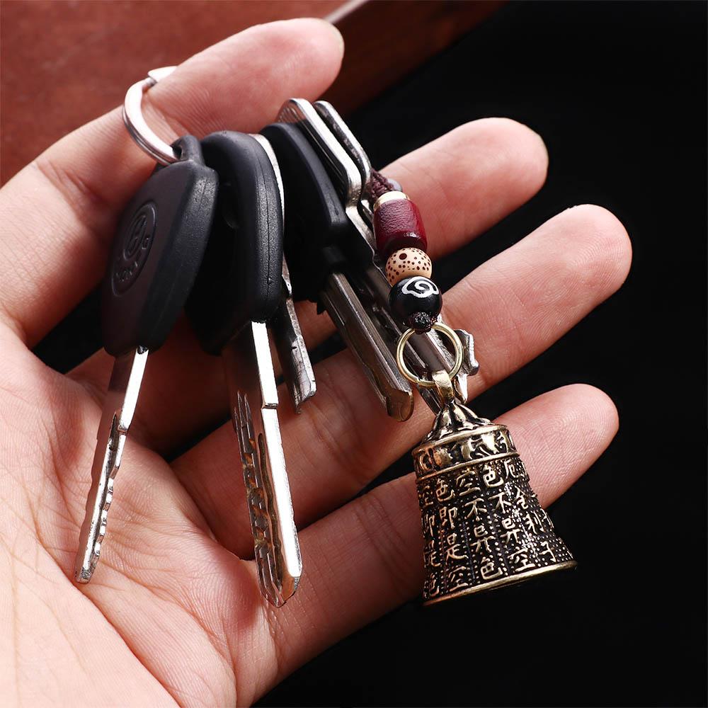 Pure Brass Bell Car Key Chain Pendant Engraved Chinese Buddhist Scripture Sutra Handmade Woven Rope Lanyard Hanging for Keychain
