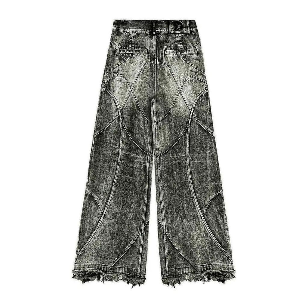 Unisex European American Kalhoty s vysokým pasem Raw Edge Washed Jeans Muži Street Volné Oversized Rovné Široké Džínové kalhoty