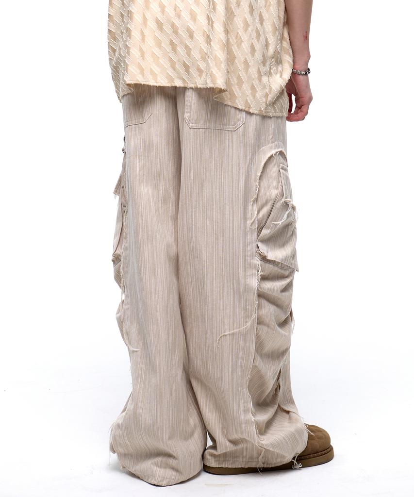 Aleseuseussi Wrinkle Mixed Stripe Cargo Pants - Beige