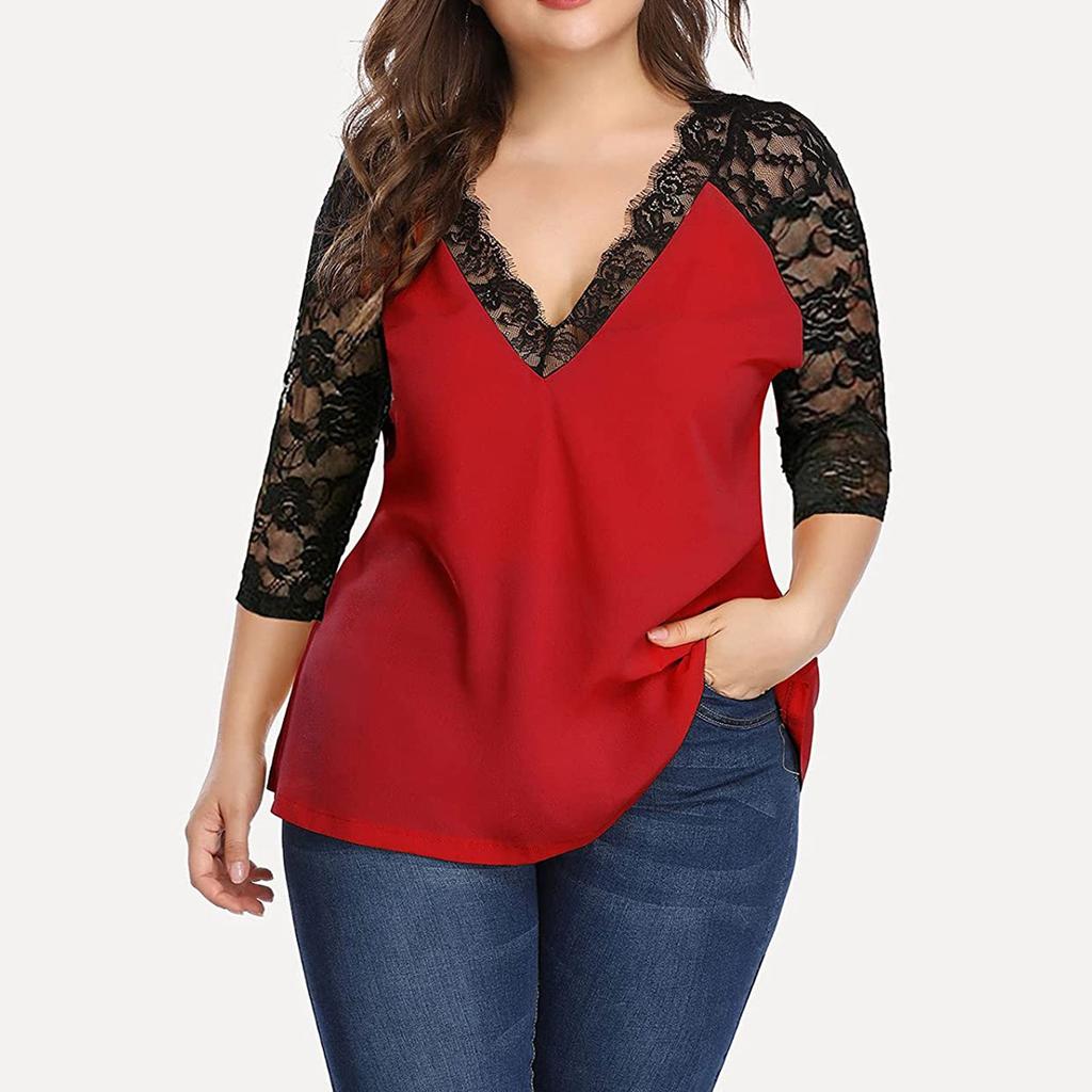 Women's Plus Size Lace Chiffon Shirt 3/4 Sleeve V Neck Top Loose Casual Tee T-Shirt Color Block Patchwork Blouse