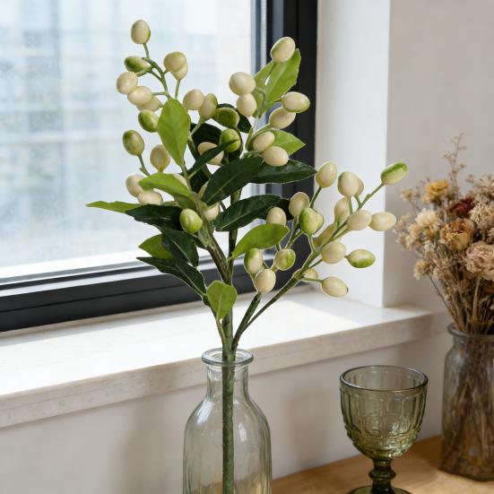 Artificial Berry Stems Faux Green Olive Branches with Leaves Fake Greenery Picks with Fruits for Home Vase Floral Arrangement