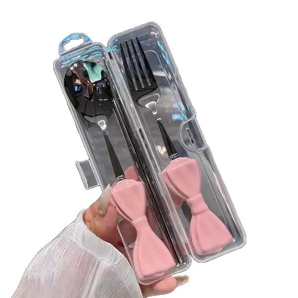 Tragbares Geschirrset Bogenförmiges Edelstahl-Besteck mit Gabel Löffel Essstäbchen Reise-Besteckset mit Aufbewahrungsbox