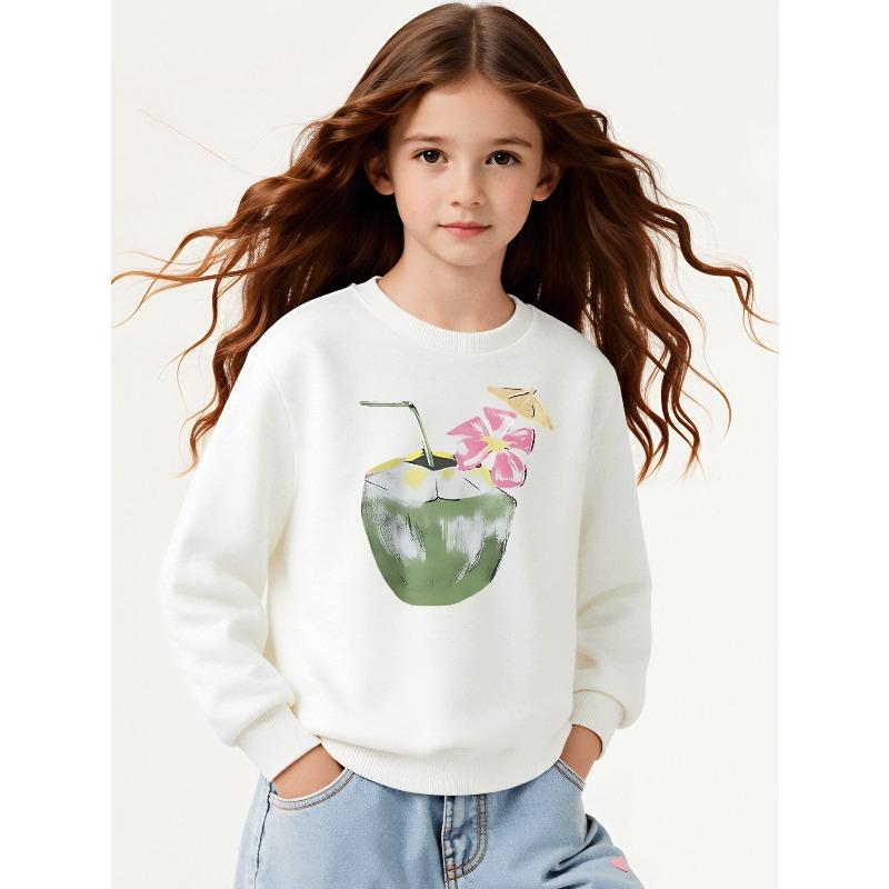 Kids Sweatshirt Crewneck Sweatshirt Coconut Drink with Flower And Straw Machine Washable, Spring And Autumn, Sportswear And Casual Wear