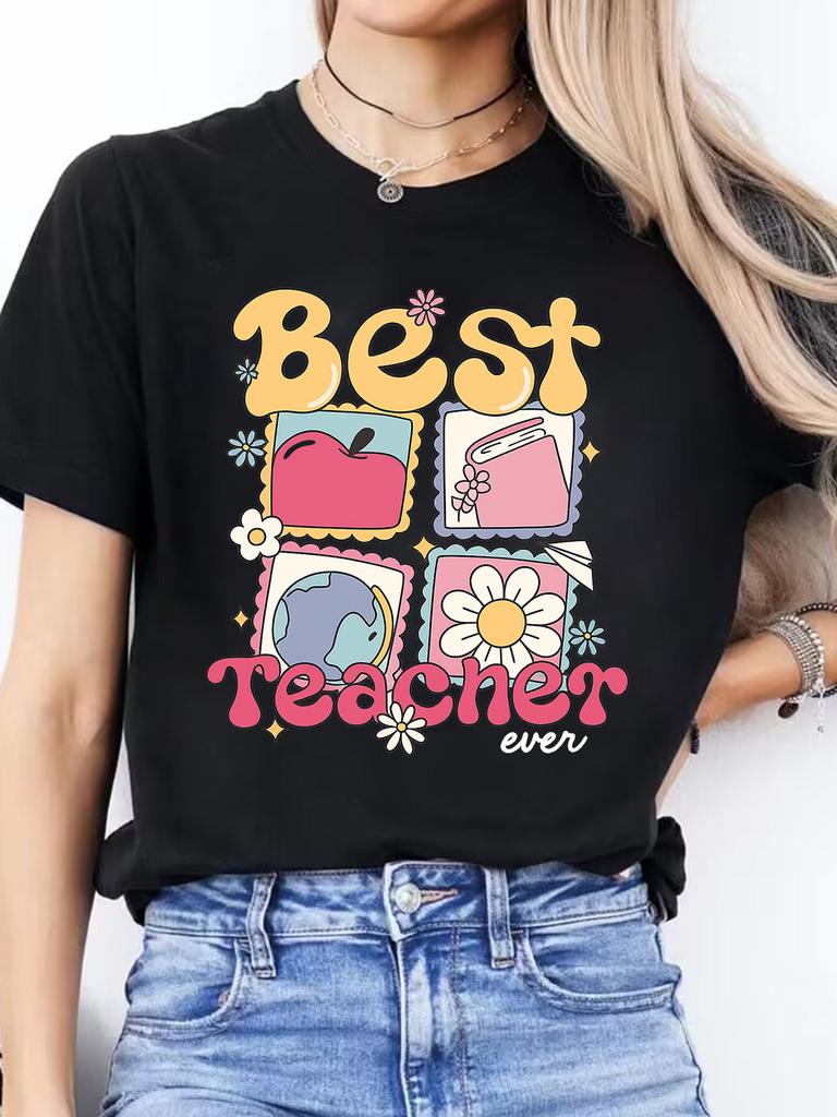 Spanish Letter Print Spring Summer Casual Round Neck Short Sleeve Sports T-Shirt Women's Top