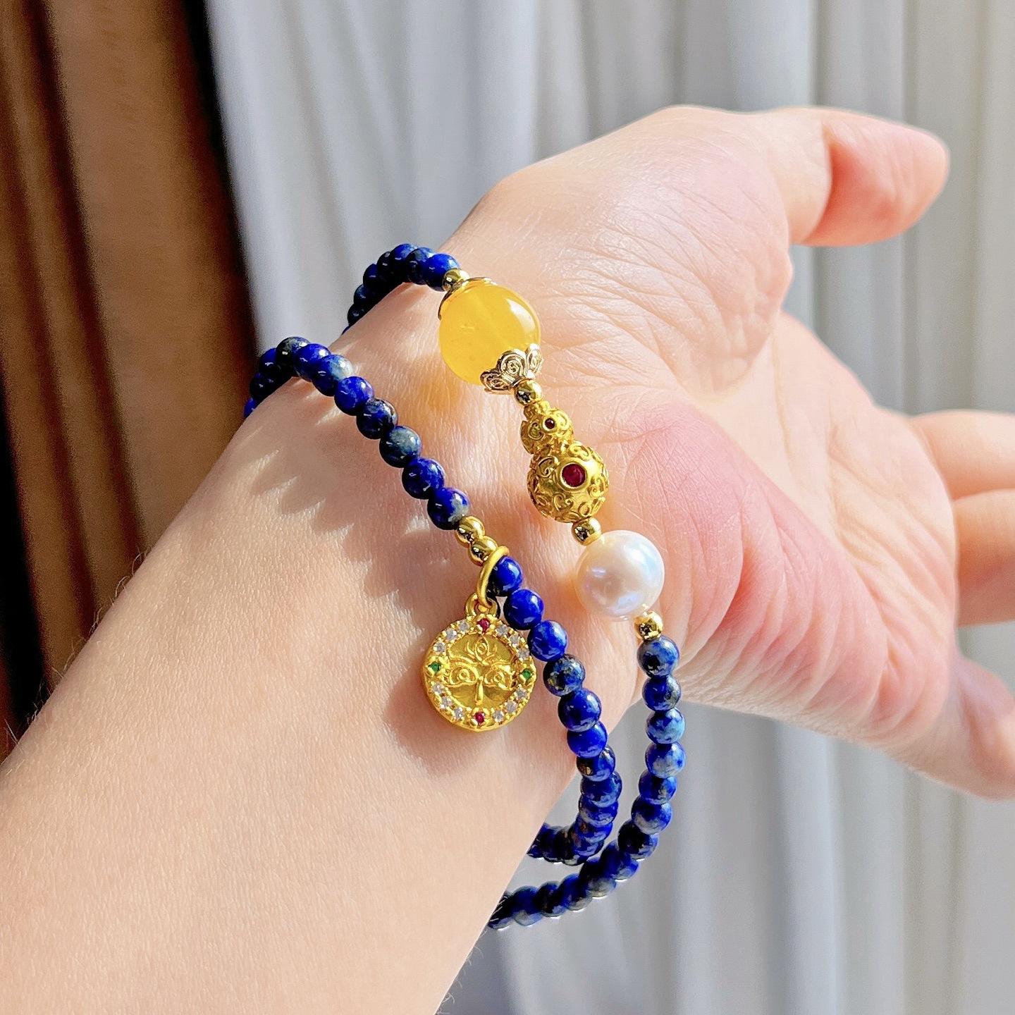 High Quality Retro Natural Lapis Lazuli Pearl Beeswax Design Bracelet Bracelet