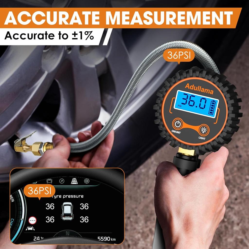 Digital Tire Pressure Gauge With Inflator, 250 PSI Heavy Duty Air Chuck Air Compressor Attachments, Improved Leaks Protection & Stainless Braided