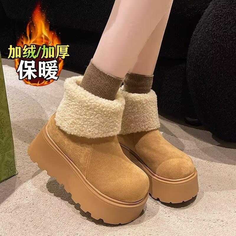 2025 Suede Cow Genuine Leather Snow Boots Women Ankle Booties Platform Wedge Winter Plush Boots Shoes for Women