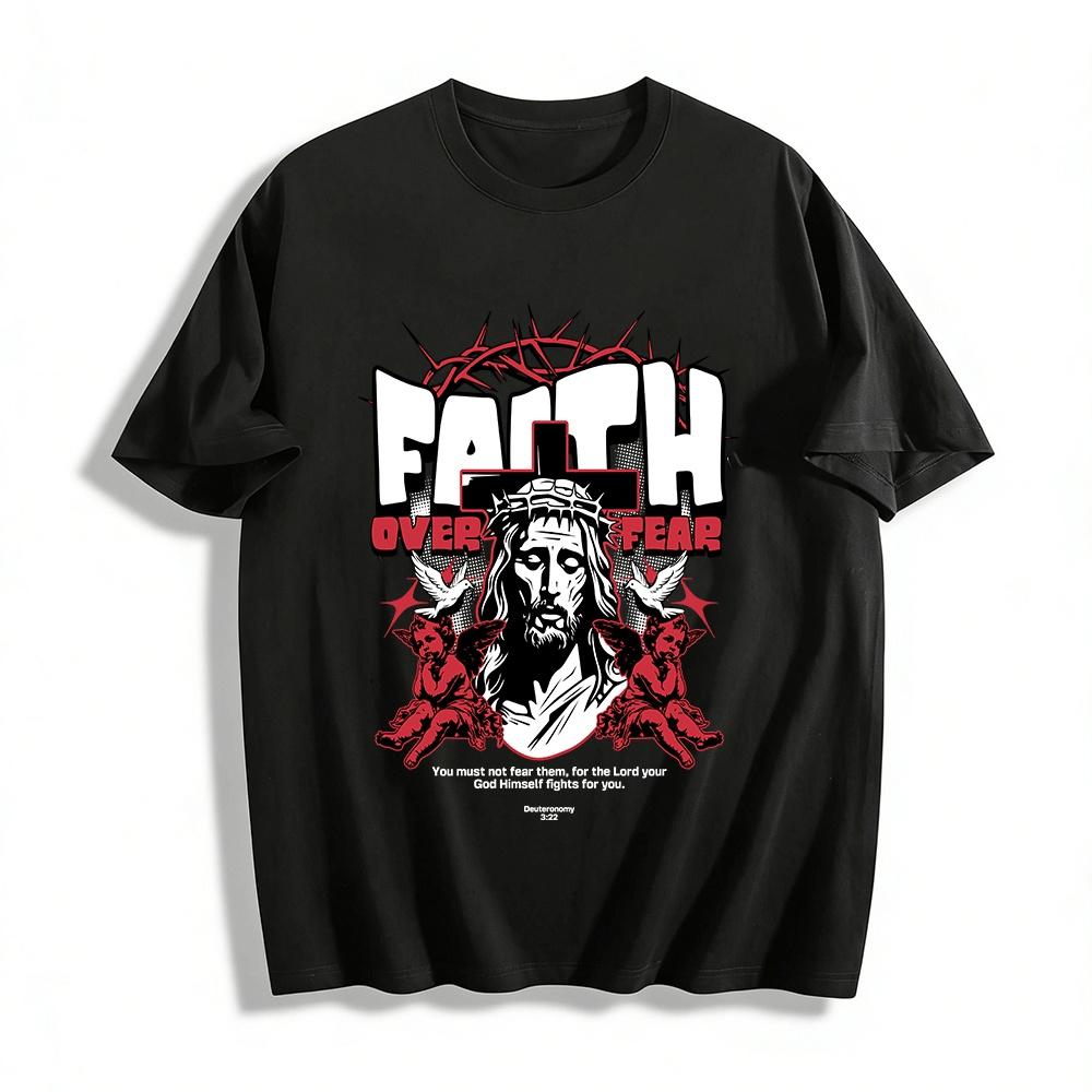 Faith Over Fear Jesus Themed Vintage Graphic Casual Tee Pure cotton T-shirt XXS