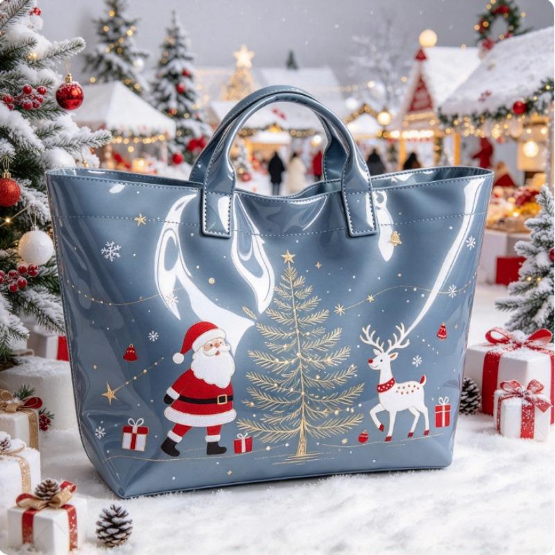 Christmas Printed PVC Waterproof Tote Bag Amazon European and American Women Commuter Shopping Handbag