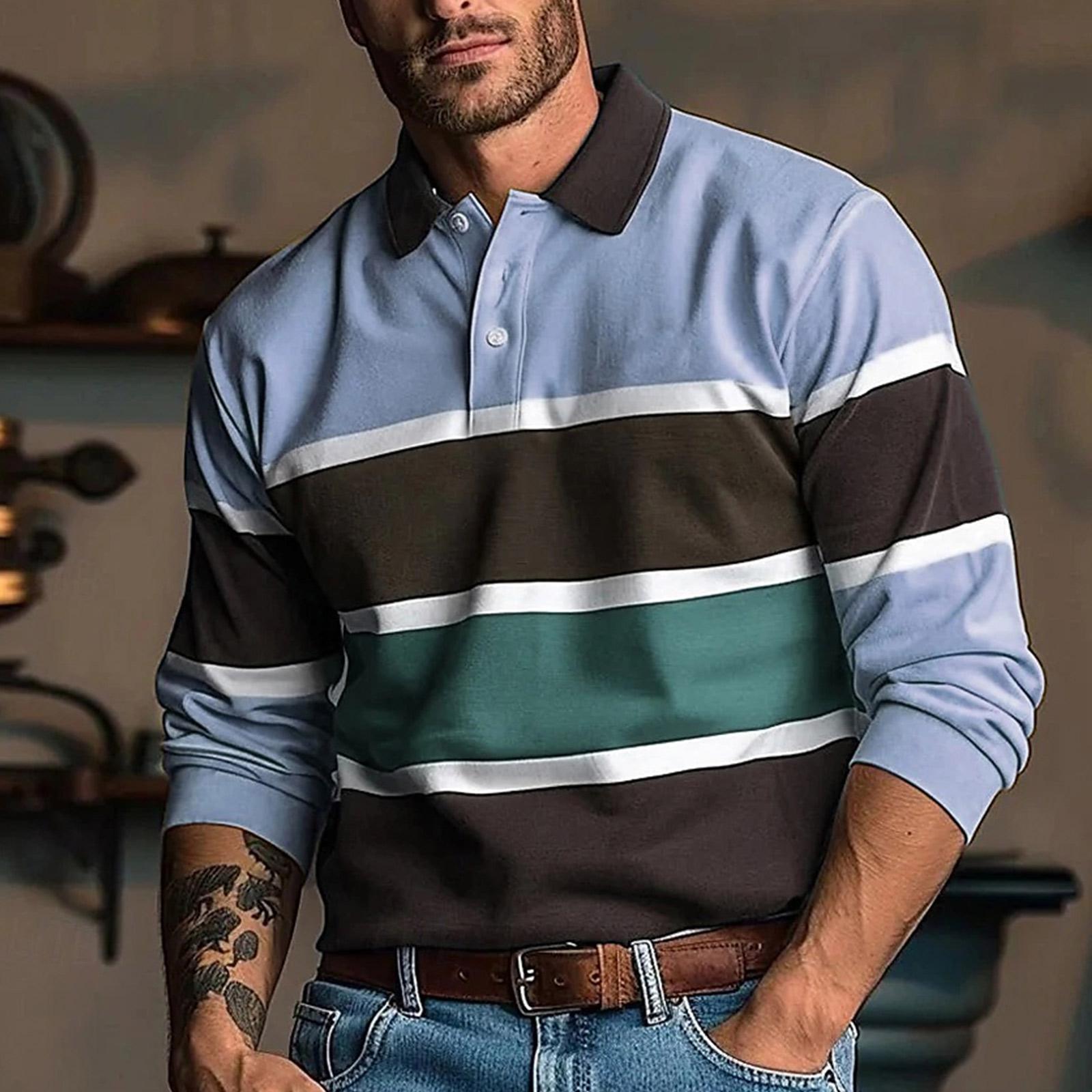 

Мужской повседневный свободный топ с цветным блочным принтом, лацканами и длинными рукавами на пуговицах M