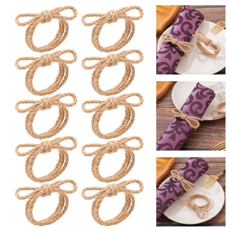 Set of 10 Farmhouse Braided Linen Rope Bowknot Napkin Rings Handmade Napkin Holders For Wedding Parties Banquets Decors