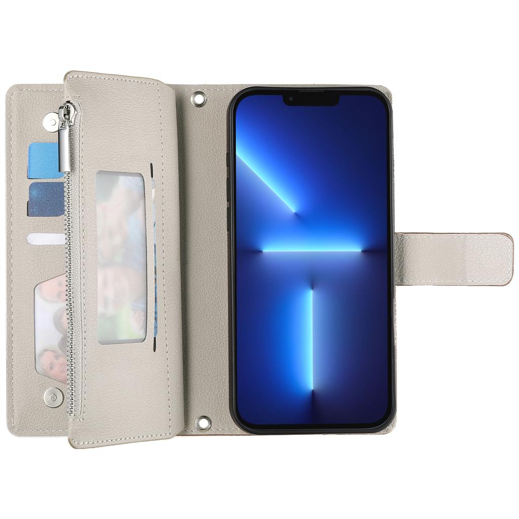 For iPhone 13 Pro Max Case Zipper Pocket Wallet Color Splicing Leather Flip Phone Cover with Straps