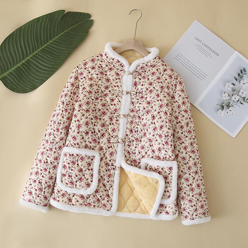 Women's Stand Collar Floral Padded Jacket - Chinese Style Winter Coat with Retro Frog Buttons and Ethnic Design, Plus Velvet for Warmth.