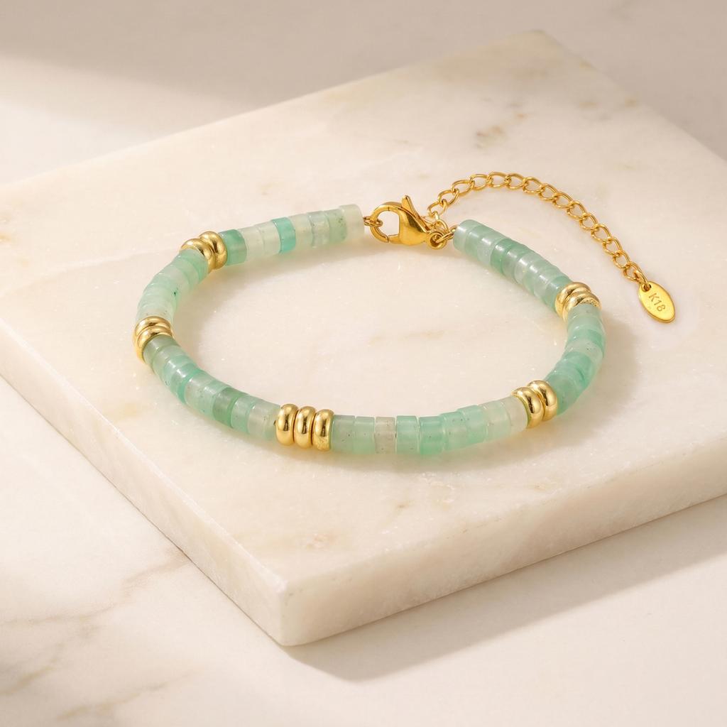 Elegant Green Aventurine Beaded Bracelet, 18K Gold PVD Stainless Steel, Waterproof Non-Tarnish Summer Jewelry