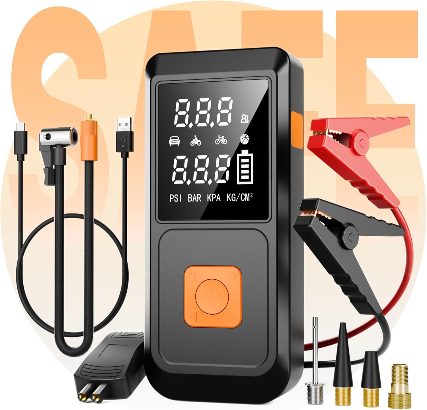 

Car Battery Jump Starter with Air Compressor 150PSI Portable, 12V Battery Jumper Starter Box with Smart Jumper Cables, Tire Pressure Display Ordinary Clip чёрный