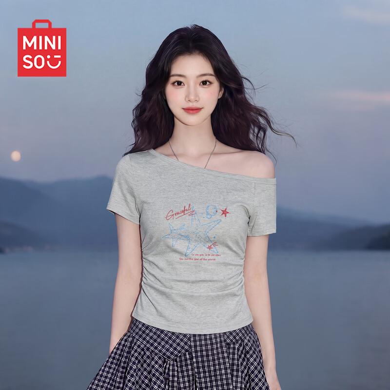MINISO Women's Slim Fit One-Shoulder Short Sleeve T-Shirt