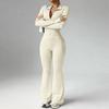 Women’s Long Sleeve Zip Up Ribbed Jumpsuit One Piece Flared Pants Fitted Stretchy Collar Bodysuit for Daily Wear