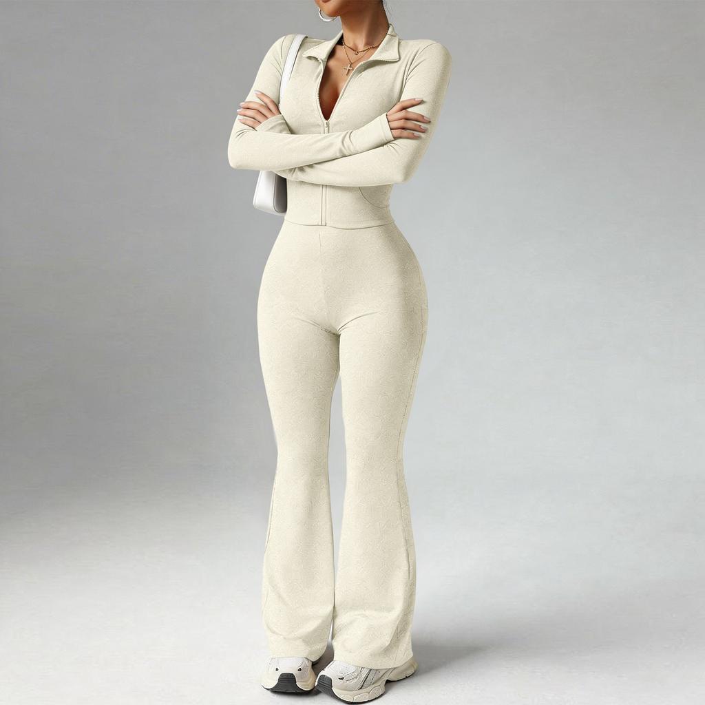Women’s Long Sleeve Zip Up Ribbed Jumpsuit One Piece Flared Pants Fitted Stretchy Collar Bodysuit for Daily Wear