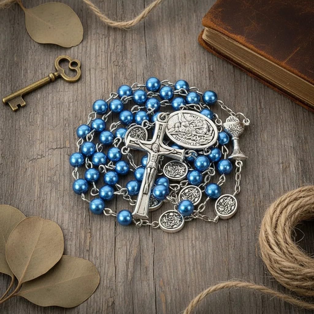 Nazareth Store 8mm Pearl Bead Rosary Necklace with Saint Michael Medal & Grail Centerpiece, Holy Communion Rosary, 8mm, Glass Pearl, No Gemstones