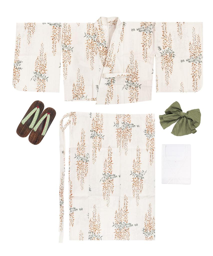 Yukata Change Set Heiko AB Size Fits Golden [KYOETSU] Set, Weave, Unbleached, Two-part Type, 4-piece (yukata, Obi, Underwear, Geta), Women's (one All,