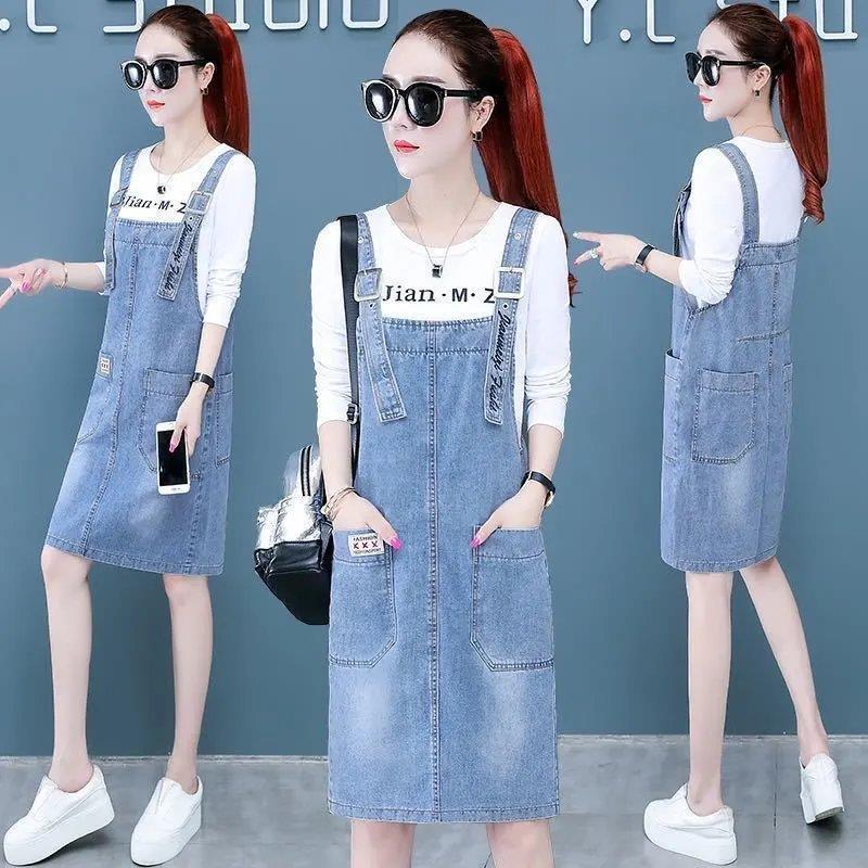 Letnia luźna sukienka Plus-Size Sukienka Średnia długa sukienka na ramiączkach Kieszeń bez rękawów Modna sukienka dżinsowa Plus rozmiar