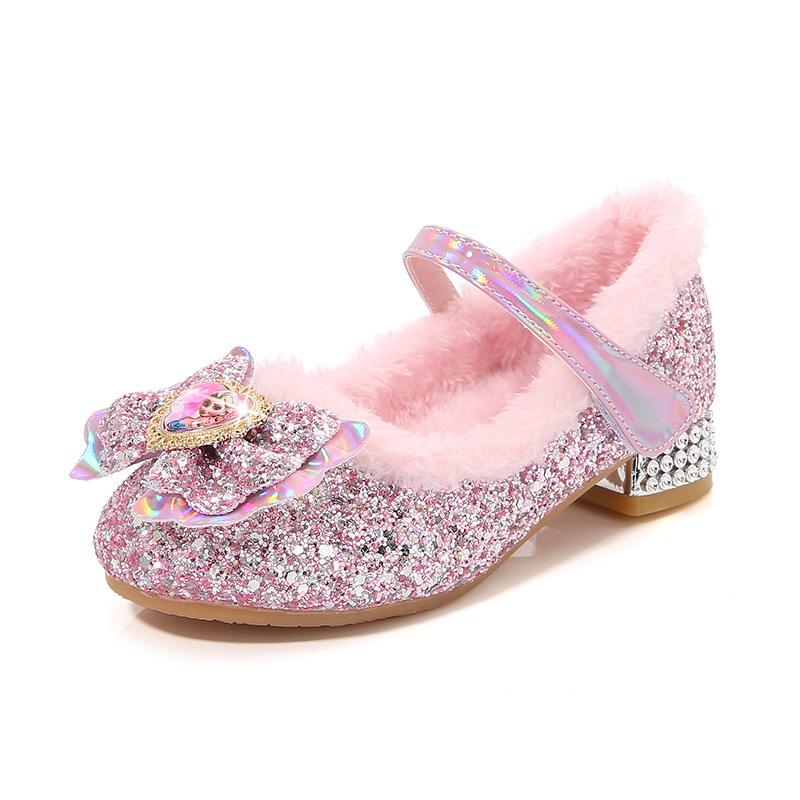 

Girls Princess Shoes Winter New Blue Elsa Shoes Little Girls Fleece-Lined Crystal Shoes High Heels for Young Children 23 розовый