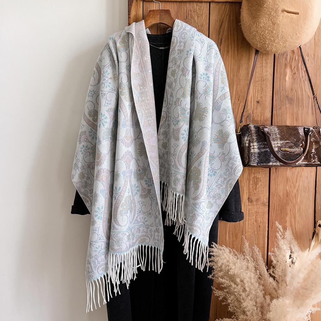 Fashion Women'S Winter Warm Cashmere Shawl - Vintage Floral Oil Painting Printed Tasseled Pashmina Thick Wrap