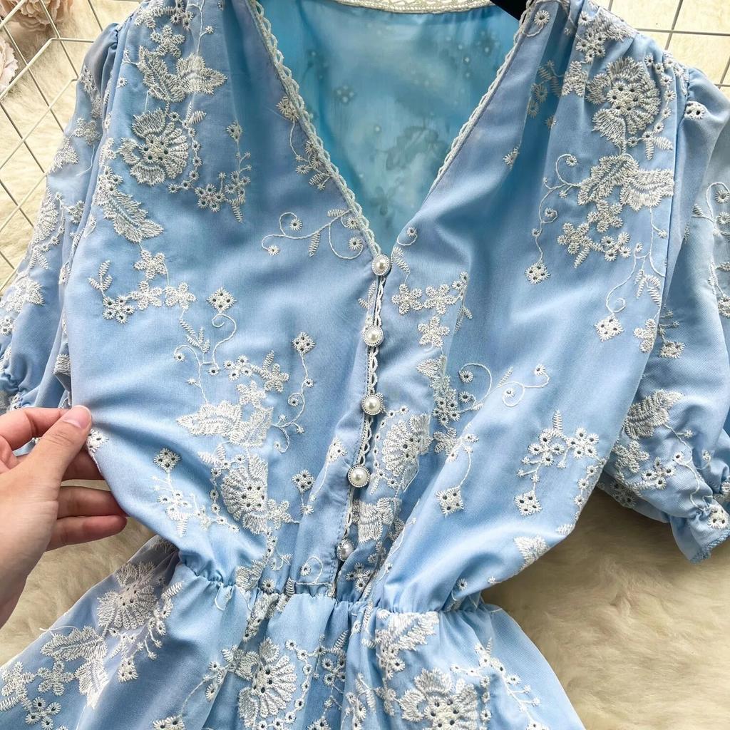 Summer Elegant Holiday Flower Embroidery Beach Dresses For Women V Neck Short Sleeve Robe A Line Party Birthday Dress